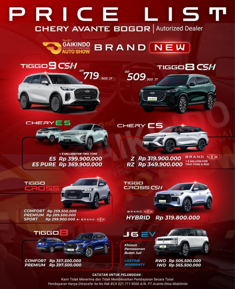 Pricelist Harga Chery neglasari 2025